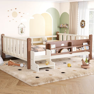 English Elm Twin Pine Floor Bed for Kids with Side Bookcases Built-in Stairs and Safety Guardrails Beige W1580P390220
