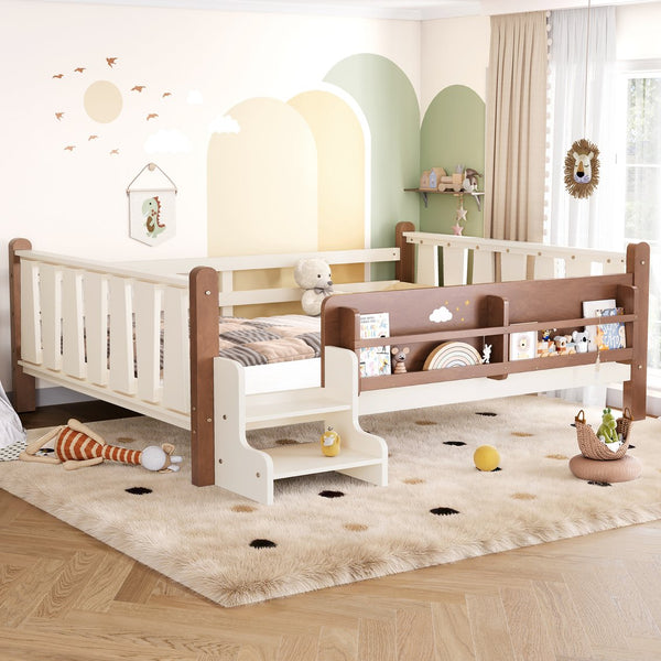 English Elm Twin Pine Floor Bed for Kids with Side Bookcases Built-in Stairs and Safety Guardrails Beige W1580P390220