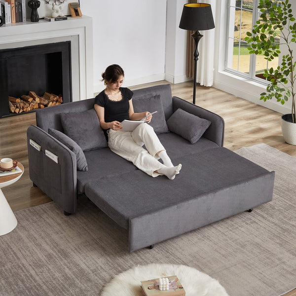 English Elm FX'' 66 Inch Sleeper Sofa Bed 3-in-1 Convertible Pullout Sofa with Plush Corduroy, 4 Pillows, Pockets Grey W1926S00059