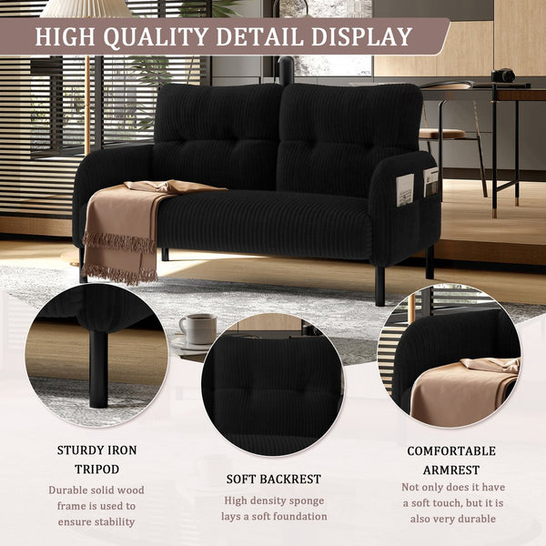 English Elm United We Win Corduroy Two Seat Sofa with Lumbar Support and Built in Storage Pockets Black W1568P386171