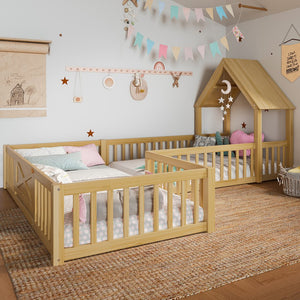 English Elm Twin House Floor Bed with Door & Full-Length Guardrails, Solid Wood Twin Loft Alternative for Kids Natural W1580P327129