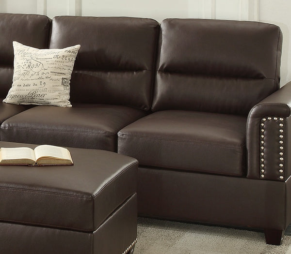 English Elm New Contemporary 3-PCS Reversible Sectional Sofa Set Espresso Faux Leather Chaise Ottoman Pillows Trimmed Studs B011S01062