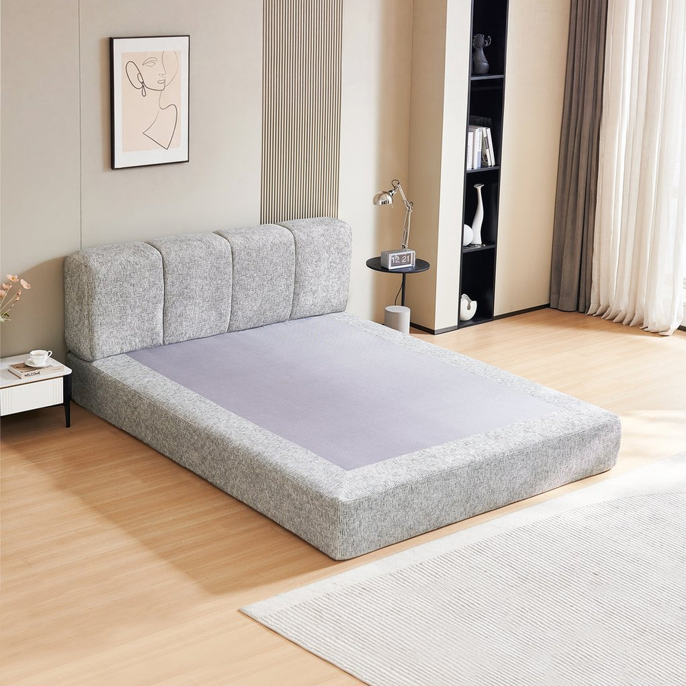 English Elm Queen Chenille Upholstered Cloud Platform Bed No Assembly Low Profile Modern Foundation Grey+Brown W1765P448451