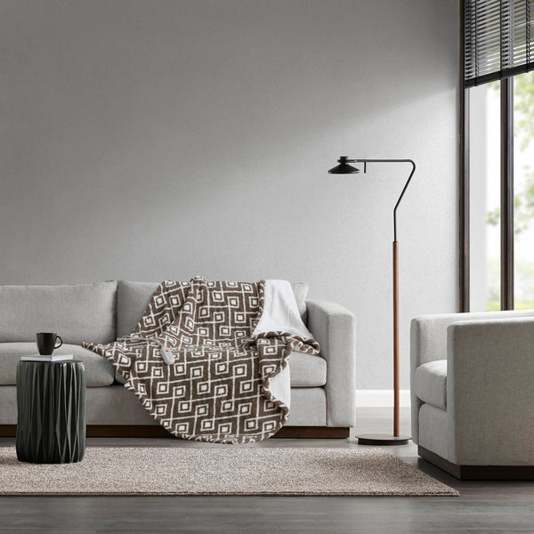 English Elm 1 Pcs 50X60" Dream Soft Heated Throw - Luxurious Brown Geo Design For Cozy Warmth & Comfort B035P319632