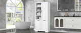 English Elm Bathroom Storage Cabinet With Doors and Drawers, Tilt-Out Laundry Hamper, Multiple Storage Space, Freestanding Style, Open Shelve, Adjustable Shelf, White (Old Sku:Wf530560Aak)