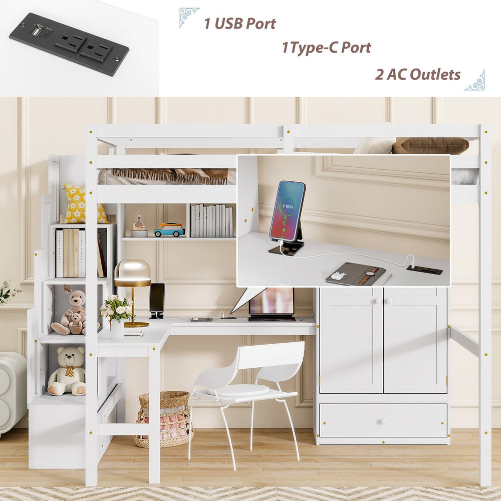 English Elm Twin Over Full Bunk Bed Solid Pine Frame with Built-in Slide and Storage Staircase White W504S00264