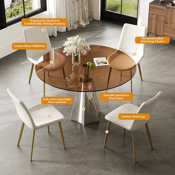 English Elm 35 Inch Round Glass Dining Set Mid Century 5 Piece with Flared Base Pu Chairs W2700S00081