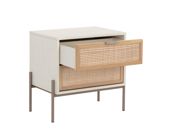 Sunpan Avida Artisan Nightstand with Handwoven Rattan Drawers and Solid Oak Frame for Global Style Champagne Gold & Cream/Natural