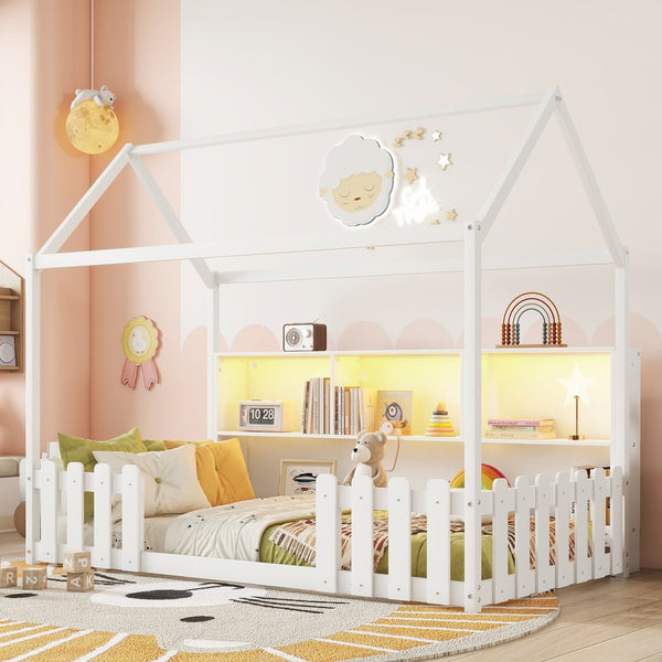 English Elm Twin House Bed with LED Light and Built-In Bookshelf, Solid Wood Playhouse Design for Kids Safety White 78.15 L x 15.75 W x 6.1 H W2593P269087