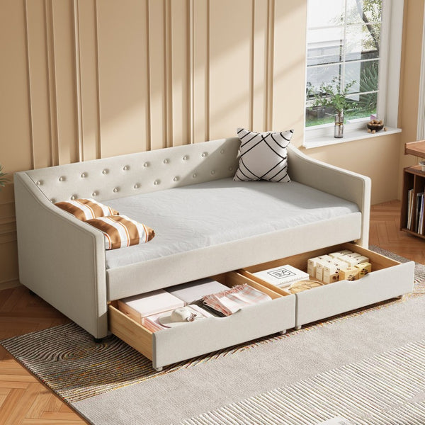 English Elm Twin Size Daybed With Storage Drawers - Elegant Beige Upholstered Sofa Bed With Tufted Design W2336S00031-GIGA