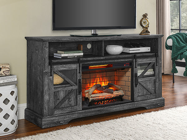 English Elm 60 Inch Farmhouse Electric Fireplace Tv Stand with Led Flame and Cabinet Storage Dark Oak W1769S00003