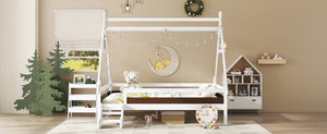 English Elm Twin House Shaped Platform Bed Solid Pine Frame with Built in Stairs for Kids Light White W1580P354720