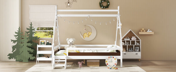 English Elm Twin House Shaped Platform Bed Solid Pine Frame with Built in Stairs for Kids Light White W1580P354720