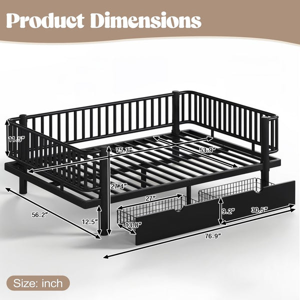 English Elm Full Size Metal Platform Storage Bed Low Profile Steel Frame with Built-in Drawers Black W5305P471350