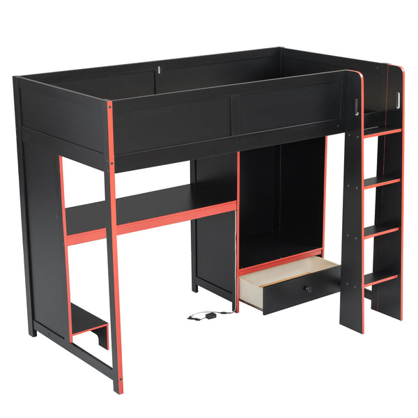 English Elm Wood Twin Gaming Loft Bed with Desk, Wardrobe, LED Lighting & Drawer — Space-Saving Black Red Accent, 400lb Capacity N7090004010B