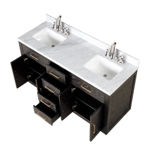 English Elm Brown Oak Double Bath Vanity: 60" Carrara Marble Top, Chrome Faucets, Soft-Close Storage Solution B2731P257734