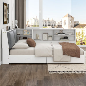 English Elm Wood Full Size platform bed with storage headboard, built-in shelves and drawers, sturdy pine frame, compact solution for small rooms White GX002054AAK