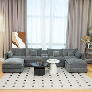 English Elm U Shaped Sectional Cloud Couch for Living Room 144" Plush Modular Sofa with Ottoman Storage Console Cupholders Grey W3276S00012