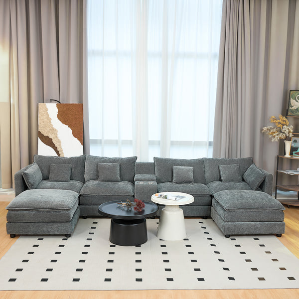 English Elm U Shaped Sectional Cloud Couch for Living Room 144" Plush Modular Sofa with Ottoman Storage Console Cupholders Grey W3276S00012