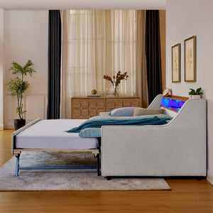 English Elm Twin Size Upholstered Sofa Bed With Led Lights, Storage, Adjustable Headboard & Wireless Charging W1413S00058-GIGA