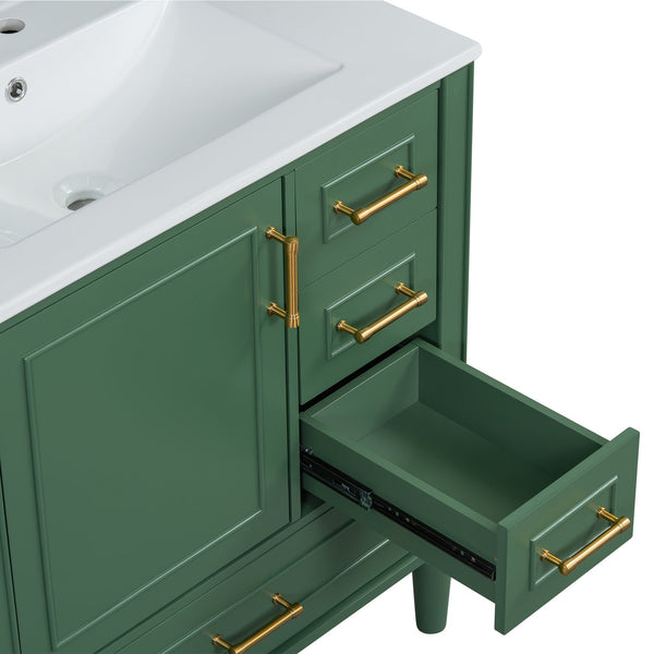 English Elm Traditional 30" Bathroom Vanity with Ceramic Basin, Soft-Close Door & Drawers, Gold Handles, Durable Wood Finish Green N729P184479F