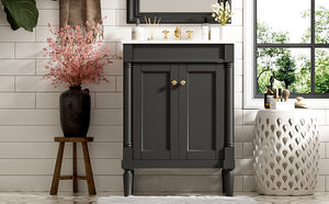 English Elm 24'' Modern Bathroom Vanity with Ceramic Basin, Solid Wood Frame, Soft-Close Doors, Ample Storage Black N710P190503B