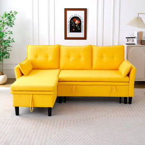 English Elm L-Shaped Reversible Chaise Sectional Sofa with Storage and Fold-Out Bed Cotton-Linen Modern Design Yellow W3371S00027