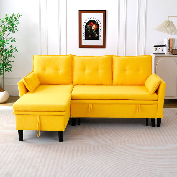 English Elm L-Shaped Reversible Chaise Sectional Sofa with Storage and Fold-Out Bed Cotton-Linen Modern Design Yellow W3371S00027