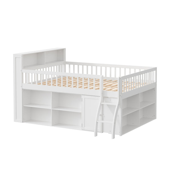 English Elm Full Size Kids Loft Bed with Led Headboard Open Shelving and Natural Wood Frame White N7090005024K