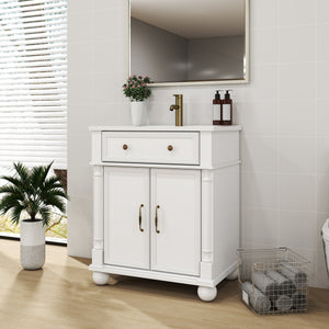 English Elm 27.8" Mid-century Freestanding Bathroom Vanity with Ceramic Sink Drawer and Wood Base White W1801S00006