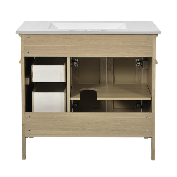 English Elm 36" Light Oak Bathroom Vanity with Ceramic Sink, Rattan Accents, Soft-Close Doors & Spacious Drawers N729P208125O