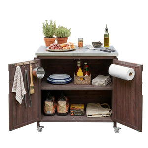 English Elm K&k Rolling Outdoor Kitchen Island Solid Fir Wood Stainless Steel Top Storage Cabinet Dark Brown N707P370287Z