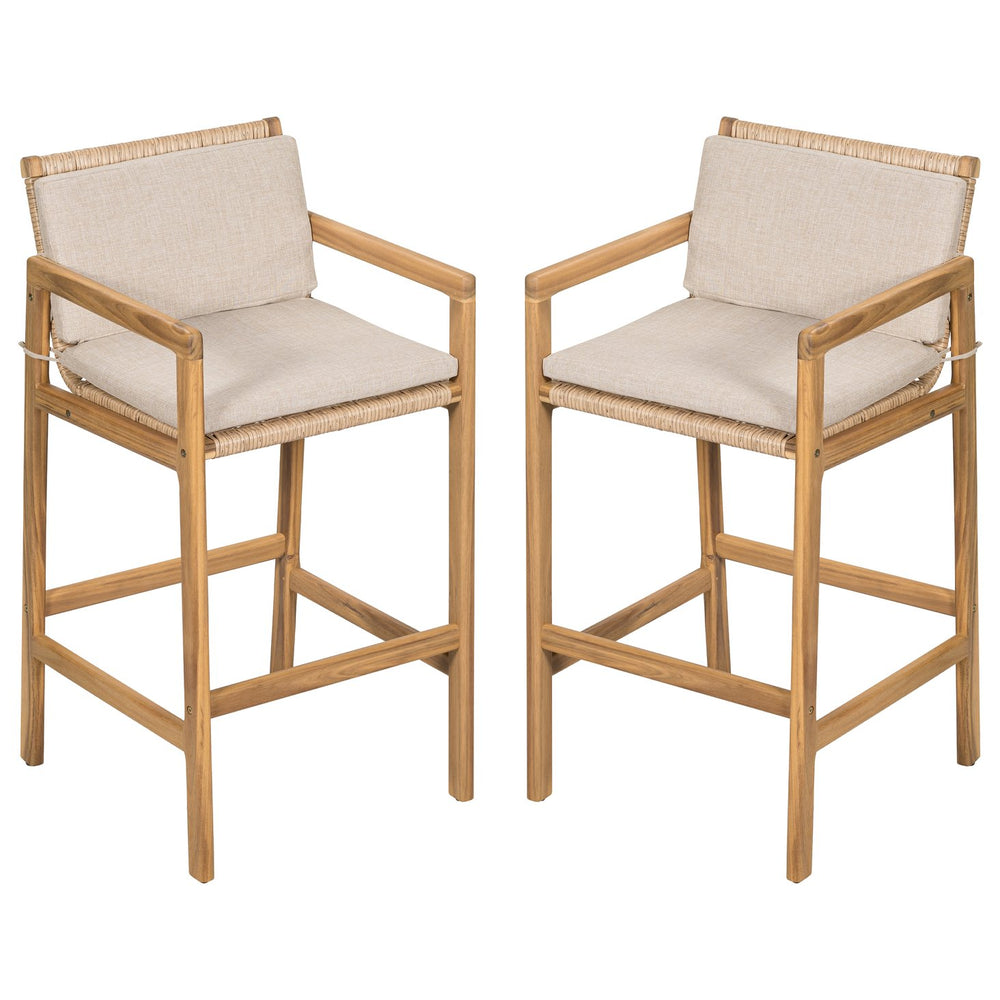 English Elm Christopher Knight Home® - Marcella Teak-Finish Acacia Outdoor Barstool Set of 2 with Beige Integrated Cushion & Wicker Backrest N775P301184T