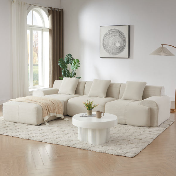 English Elm 113" Modular L-shaped Sectional Sofa Corduroy Upholstered with Movable Ottoman Beige W1359S00061
