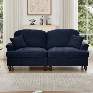 English Elm Elegant Mid Century Two-Seater Sofa Couch With Removable Ruffles, Chenille, Blue Upholstery & Spindle Legs W3041S00252