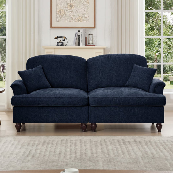 English Elm Elegant Mid Century Two-Seater Sofa Couch With Removable Ruffles, Chenille, Blue Upholstery & Spindle Legs W3041S00252