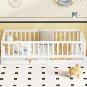 English Elm Twin Montessori Floor Bed With Fence & Door – Safe, Stylish, Easy-Access Sleep Solution For Kids W1820P231585-GIGA