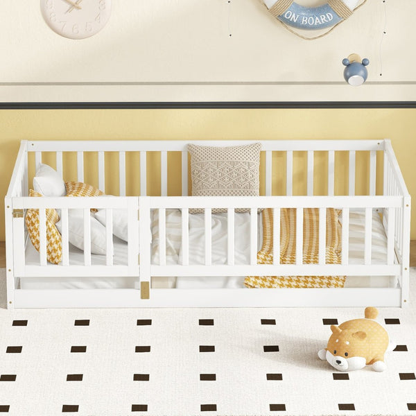 English Elm Twin Montessori Floor Bed With Fence & Door – Safe, Stylish, Easy-Access Sleep Solution For Kids W1820P231585-GIGA