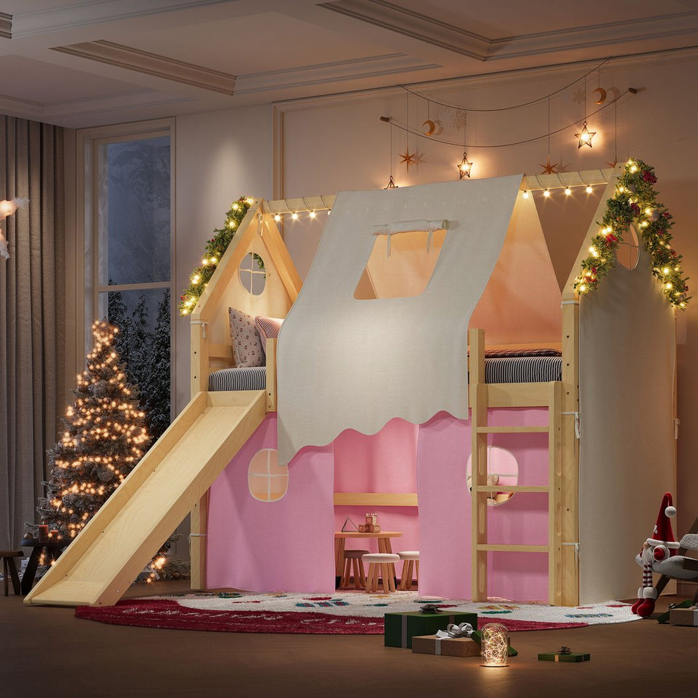 English Elm Twin Pine Loft Bed with House Frame Tent Led Lights Slide and Floor Space Below W1580S00289