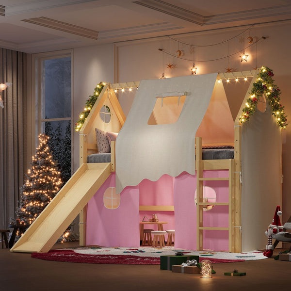 English Elm Twin Pine Loft Bed with House Frame Tent Led Lights Slide and Floor Space Below W1580S00289
