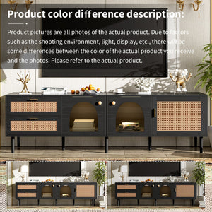 English Elm Rattan Black TV Stand with 3 Cabinets & 2 Rattan Drawers, LED Media Console, Cable Management, 80" N710P206015B