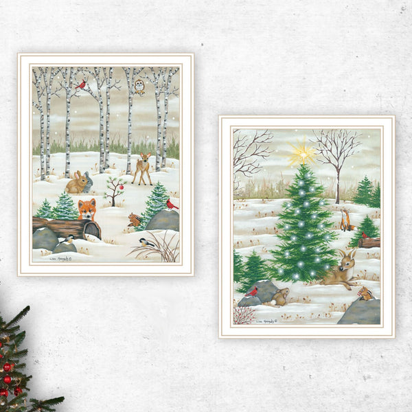 English Elm Trendy Woodland Holiday Critters 2 Piece White Framed Wall Art Set for Festive Rooms B067P255238
