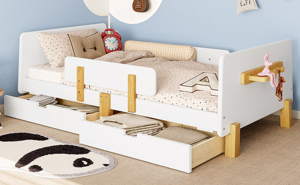 English Elm Twin Low Profile Kids Floor Bed Pine Wood Frame with Safety Rail and Built in Bookshelf Light White W1580P373241