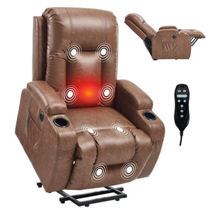 English Elm Beige Pu Leather Power Lift Recliner with Massage Lumbar Heat and Usb Charging Brown W1803S00083