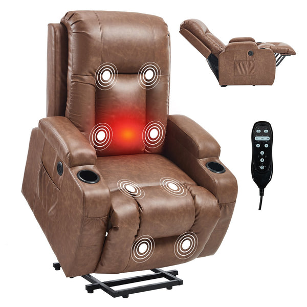 English Elm Beige Pu Leather Power Lift Recliner with Massage Lumbar Heat and Usb Charging Brown W1803S00083