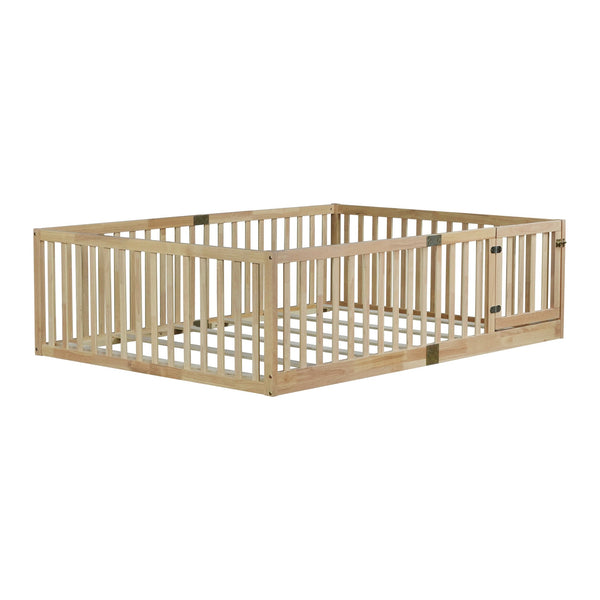 English Elm Twin Montessori Floor Bed Solid Rubber Wood with Safety Fence Rails Toddler Room W504P411200