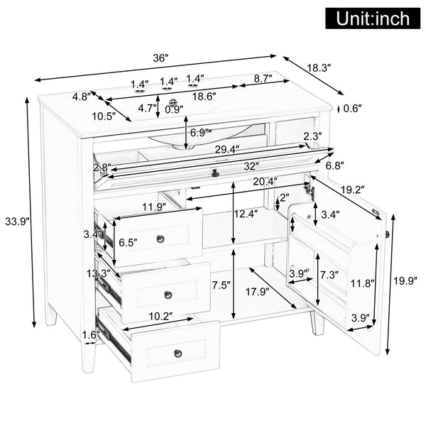English Elm 36-Inch Green Bathroom Vanity With Sink - Modern Mdf & Rubberwood Freestanding Storage Solution N725P350821F