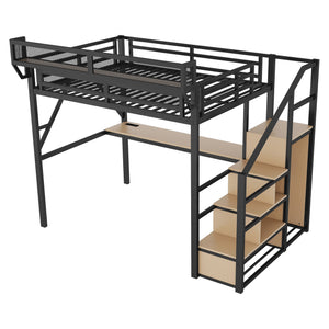 English Elm Full Loft Bed with Desk and Charging Station, Metal Loft with Stairs, Wardrobe, Shelves & Light Black W2580S00047