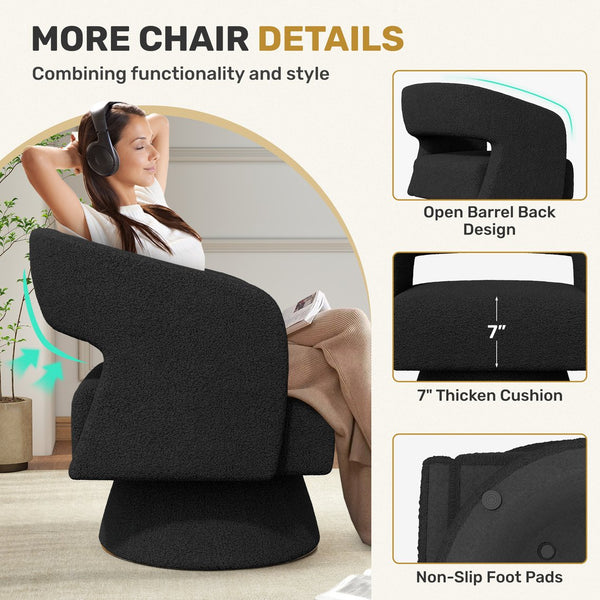 English Elm Swivel Teddy Barrel Accent Chair with Ergonomic Wrap-Around Back, Plush Sherpa Fabric Comfort Black T3950P407284