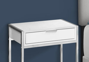 English Elm Accent Table - Modern Glossy White Nightstand With Chrome Metal Base & Storage Drawer For Small Spaces B2710P219304